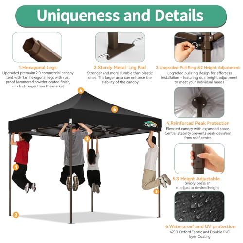 COBIZI 10x10 Pop Up Canopy Tent Heavy Duty with 4 Sidewall, Commercial Outdoor Easy Pop Up Gazebo for Party Wedding All Weather Waterproof UV 50+ with Carry Bag(Leg Upgraded),Black - color: Night Black, size: 10x10 FT