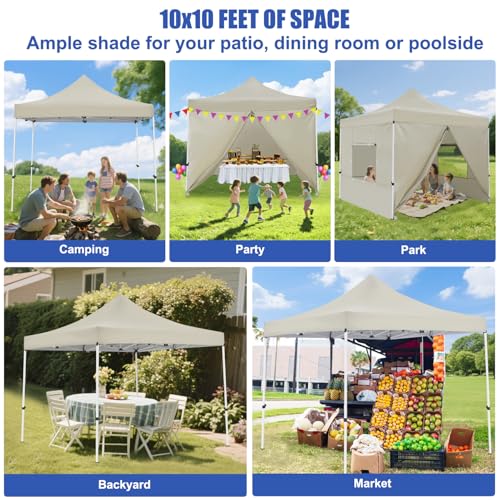Yesker 10x10 Pop Up Canopy Tent with 4 Sidewalls Portable Folding Outdoor Canopy Easy Setup Gazebo Waterproof Instant Shelter Tent w Wheel Carry Bag sandbag for Events Parties Camping, Khaki Brown - size: 10x10ft Khaki Brown W Sidewalls