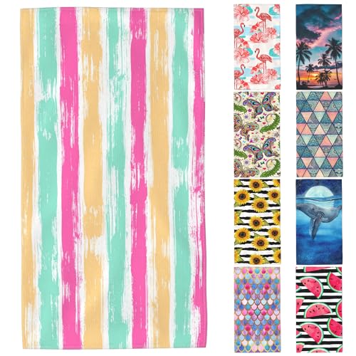 Microfiber Beach Towels,Watercolor Bohemian Yellow Green Pink Stripes Oversized Absorbent Bath Towels,Soft Quick Dry Thin Camping Towel for Adults Women Men,29.5"×59" - color: Watercolor Bohemian Yellow Green Pink Stripes