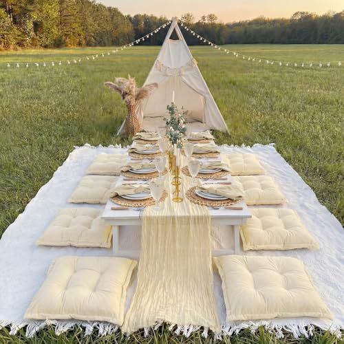 Extra Large Outdoor Picnic Blanket with Table Runner and Floor Pillow Cushion for Picnic Wedding Birthday Baby Shower Backyard Decor(91 x 71'',Light Beige,8 Pcs) - color: Light Beige