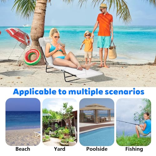 Majnesvon Outdoor Tanning Chair with Pillow, Folding Chaise Lounge Chair with Adjustable Backrest, Portable Lay Flat Beach Lounge Chairs for Sunbathing Poolside Patio Lawn Camping(Cream White) - color: Cream White
