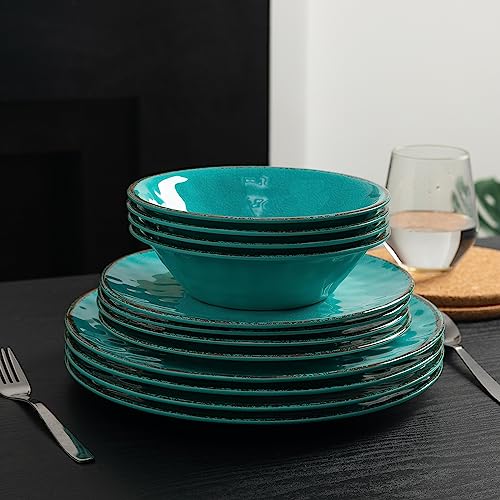 LEHAHA Rustic Melamine Dinnerware Sets, 12-piece Dishes Plastic Dinnerware Set for 4, Break-resistant Plates and Bowls Set, Outdoor Casual & Party Use Kitchen Dishes Set, Teal… - color: Teal