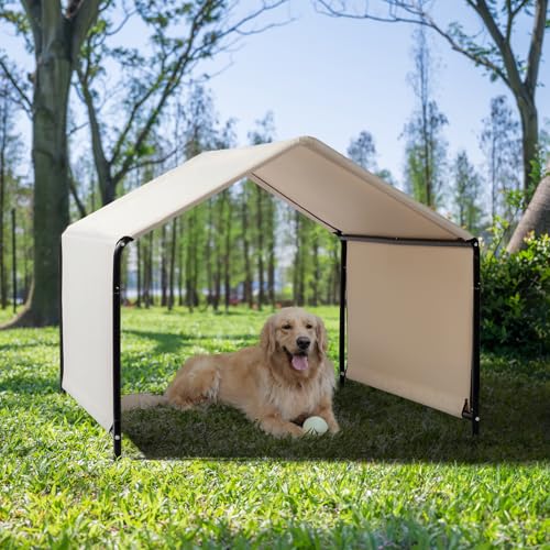 Dog Tent, 4'x4'x3' Dog Shade Shelter Outdoor Deep Grey Tent for Large Medium Dogs, Outside Sun Rain Canopy Pet House for Cats Pigs Livestock with Waterproof Roof Ground Nails,Creamy White