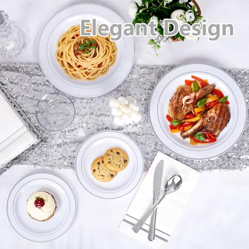 GATHER 176 Pieces Silver Plates - Disposable Silver Plastic Plates Includes 50 Plates, 75 Silverware, 25 Napkins, 25 Silver Rimmed Cups and 1 Tablecloth Perfect for Party & Weding - color: Silver, size: 25 Guests