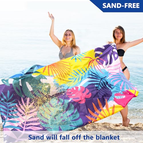 Beach Blanket Waterproof Sandproof Oversized 95”x 80”,Sand Free Beach Mat with Corner Pockets,Portable Mesh Bag for Beach Festival,Picnic,Travel and Outdoor Camping (Colorful Leaves)