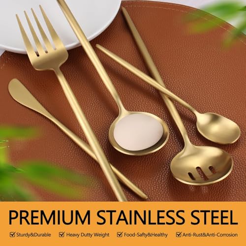 Gold Stainless Steel Serving Utensils Set, 5 Pcs - 10.8 Inch Serving Fork, 10.3 Inch Slotted Spoon, Sugar Spoon, Butter Knife for Buffet - color: Gold
