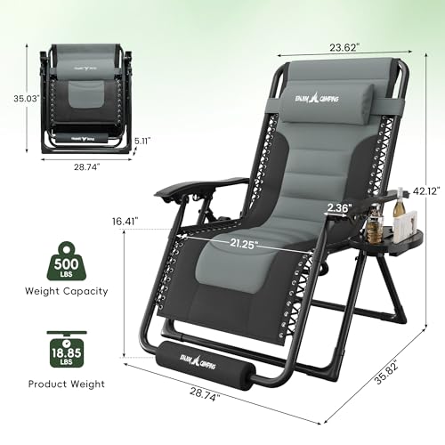 Amopatio Zero Oversized Padded Gravity Chairs with Cup Holder, 29" Wide Folding Reclining Lounge Chair with Footrest & Headrest for Indoor Outdoor Camping, Support 500LBS - color: Gray-black, style: 29in-1pc