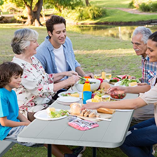 Giantex Folding Picnic Table Bench Set, Outdoor Dining Table Set, Large Camping Table for Patio Lawn Garden Poolside, Portable Picnic Tables, Weather Resistant Metal Frame (Folding Legs Design, Gray) - color: Grey