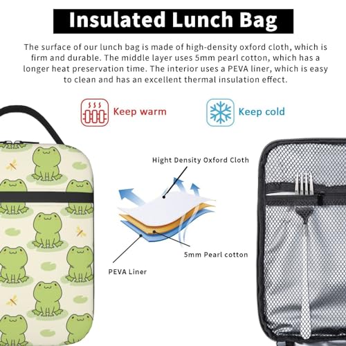 Cute Frog Insulated Lunch Bag Portable Reusable Zipper Lunch Box For Men Women Work Picnic Travel Camping - color: Black23