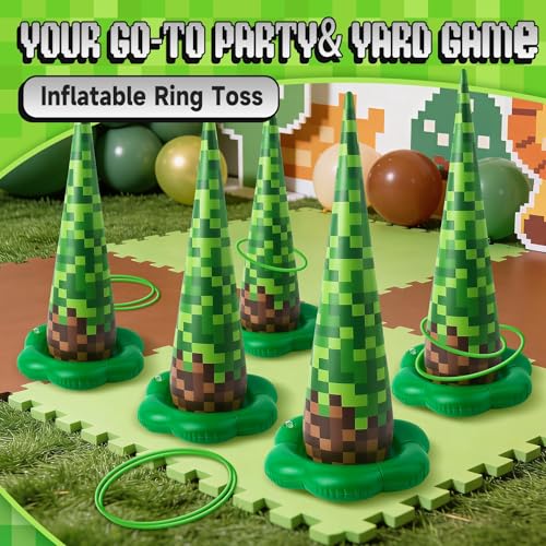 5 Pack Inflatable Pixel Ring Toss Game - Green Brown Pixel Themed Birthday Party Games with 10 Plastic Rings & Pump, Indoor Outdoor Carnival Toss Toy for Kids Party Favors - color: Green Pixel
