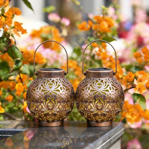 2 Pack Solar Lanterns Outdoor Gifts, IP44 Waterproof Hanging Solar Lights Decor Lamp for Garden, Patio, Pathway, Yard, Porch (Vintage Bronze Flower) - color: Vintage Bronze Flower