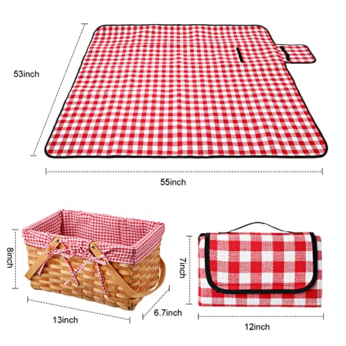 Patelai Wicker Picnic Basket Natural Hand Woven Basket with Double Folding Handles, Willow Hamper Baskets with Blanket for Outdoor Picnic Summer Spring Camp Family(Red and White Grid) - color: Red and White Grid