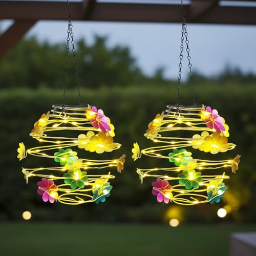 2 Pack Solar Lanterns Outdoor Waterproof , 30LEDs Hanging Solar Lights with Flower for Garden Patio Yard Decor, Gift for Grandma Gardeners Women - color: Red-Flower