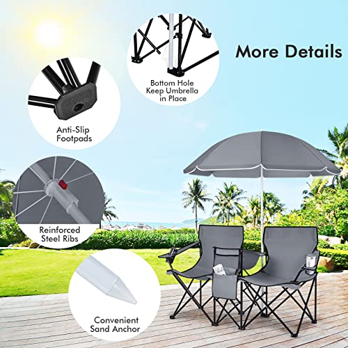 LDAILY LUARANE Folding Double Camping Chair, Outdoor Picnic Chairs w/Removable Umbrella, Mini Table, Cup Holder & Carrying Bag, Portable Camping Loveseat for Patio, Pool, Lawn, Beach, Park (Grey) - color: Grey