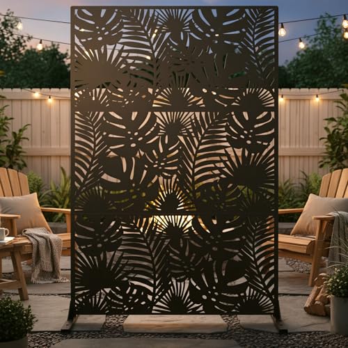 Metal Privacy Screen Outdoor – 72in Decorative Laser Cut Steel Garden Divider Panel with Tropical Leaf Design, Weatherproof Freestanding Modern Privacy Fence for Patio, Deck, Backyard & Balcony - color: Black & Tropical Plants