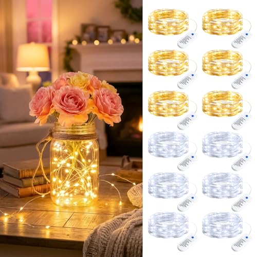 Minetom 12 Pack Fairy Lights Battery Operated String Lights 8 Modes, 7ft 20LED Waterproof Silver Wire Twinkle Lights, Firefly Starry Moon Lights for Mason Jars DIY Christmas Wedding Party - color: Warm White+White, size: 12 Pack