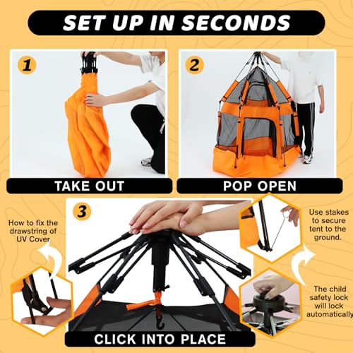 Instant Pop Up Baby Playpen with UV Canopy & Safety Lock, Portable Outdoor Beach Tent Play Yard for Toddlers, Breathable Mesh & Carry Bag, Indoor & Backyard Use (Orange) - color: Orange