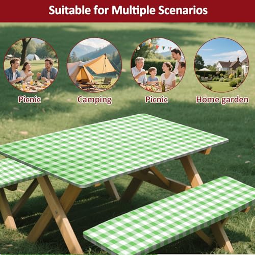 6ft Picnic Table and Bench Cover, Camping Essentials RV Gear, 72in Waterproof Windproof Outdoor Elastic All Around Tablecloth, Fitted Rectangle Tables and Seats, Green-White Checkered - color: Green-white Checkered, size: 72"