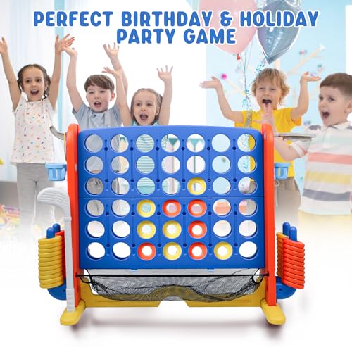 Wdmiya Giant 4 Outdoor Game Set, 4-in-1 Height Adjustable Jumbo 4-in-a-Row Game with Ring Toss, Basketball Hoop & Golf, Backyard Games for Kids & Adults, Includes Mesh Pocket (Upgrade Blue) - color: Upgrade Blue