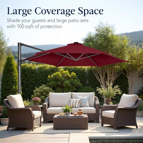Best Choice Products 10ft Offset Cantilever Hanging Market Patio Umbrella, Smooth 360° Rotation, 8 Sturdy Ribs, Easy Adjustment - Burgundy - color: Burgundy, size: Offset w/ 360° Rotation