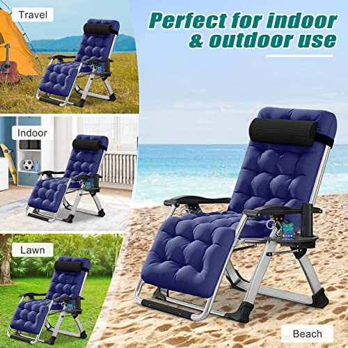 DoCred Zero Gravity Chair, Lawn Recliner, Reclining Patio Lounger Chair, Folding Portable Chaise with Detachable Soft Cushion, Cup Holder, Headrest - color: Blue, style: Zero Gravity Chair