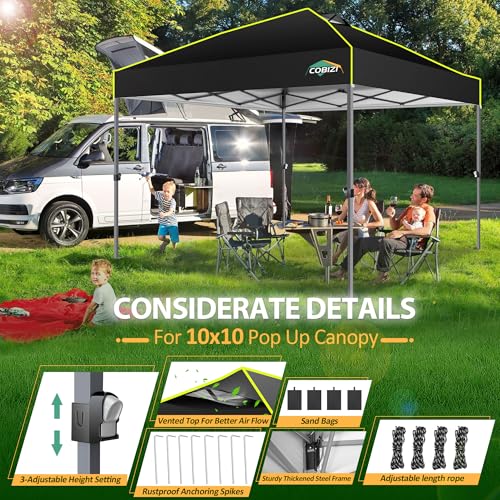 COBIZI Canopy 10x10 Pop Up Canopy Tent 1-Button Push Easy up Outdoor Canopy Instant Portable Commercial Shelter Waterproof UPF50+ Gazebo with Reflective Strip, Air Vent & 4 Sandbags,Black - color: Black(1-year warranty), size: 10x10ft With No Sidewalls