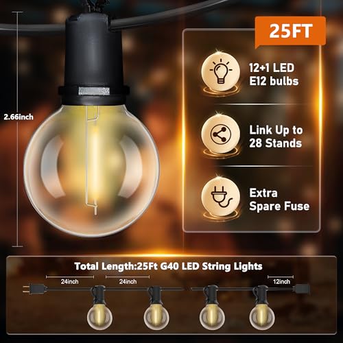 25Ft LED G40 Globe Outdoor String Lights Waterproof Patio Lights with 13 Shatterproof Warm White Bulbs, Hanging Light for Backyard Balcony Wedding Christmas Party Decorations, Black Wire - color: Black Wire, size: 25Ft