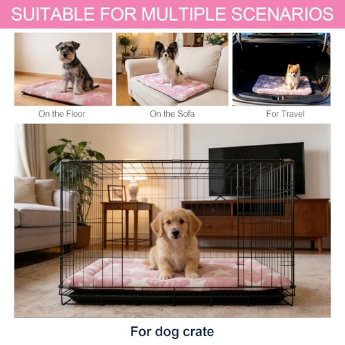 Washable Dog Bed Mat With Anti-Slip Bottom, Deluxe Plush Memory Foam Crate Pad & Waterproof Outdoor Kennel Mat For Dogs & Cats-Durable Crates Beds, Large Medium Small Puppy Size 24" x 18",pink - color: Pink-Star, size: Upgraded S（24" L x 18" W x 1.5" Th）