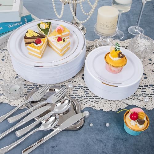 WELLIFE 450 PCS Silver Disposable Dinnerware Set for 75 Guests, Wedding Plates Silver Plastic Plates for Party, Including 75 Dinner Salad Plates, Cups, Forks Knives Spoons for Wedding and Party - color: Silver, size: 75 Guests