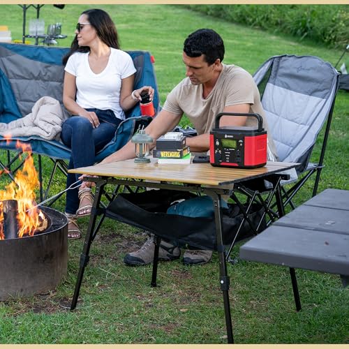 ARROWHEAD OUTDOOR 39" Aluminum Folding Camp Roll Up Table w/Adjustable Height, Undertable Mesh Storage, Carry Bag - color: Wood Grain