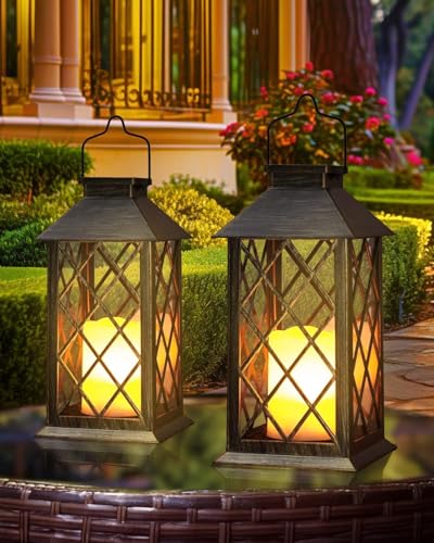 Otdair Solar Lanterns Outdoor Waterproof, 2 Pack 14" Solar Lantern with Glass Retro LED Flickering Flameless Candle,Lanterns Decorative Outdoor for Gift, Yard, Garden, Patio, Balcony,Porch, Party - color: Bronze, size: 14inch（Large）