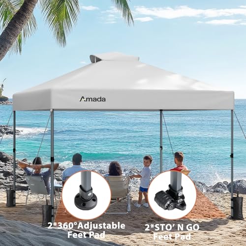 Amada 12x12 Pop Up Canopy Tent, 1-Button Push Easy-up Outdoor Canopy Beach Tent with 3-Height Adjustable Waterproof Shade Shelter, Wheeled STO-N-Go Bag 8 Stakes, 4 SandBags (12x12ft, White) - color: White, size: 12x12ft