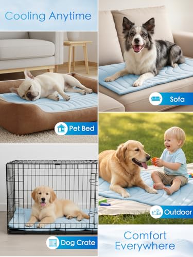 BECEMURU Dog Cooling Mat, Q-MAX＞0.46 Thickened Breathable Cold Pad for Summer Active Dog, 36"x23" Portable Washable Kennel Crate Pet Bed, Rapid Cooling Durable Non-Gel Blue - color: Blue Rectangle, size: M: 36" L X 23" W X 0.8"th