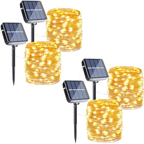 Joomer Solar Fairy Lights, 4-Pack Total 104FT 320LED Solar String Lights Outdoor Waterproof 8 Lighting Modes for Patio Fence Party Garden Yard Home Holiday Tree Outdoor Decoration (Warm White) - color: Warm White, size: 4*80LED