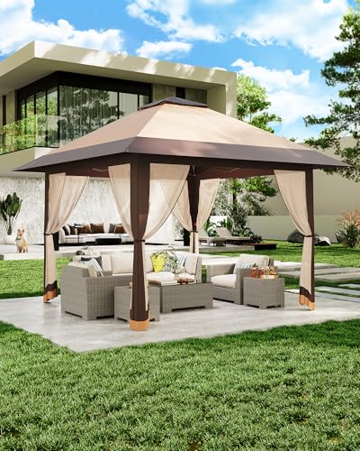 13x13FT Pop-Up Gazebo Canopy Tent - Double Roof, Mosquito Netting, Adjustable Height, UV-Resistant, Heavy Duty, Waterproof, Portable for Patio, Garden, Camping, Party - Khaki + Light Khaki - color: Khaki + Light Khaki