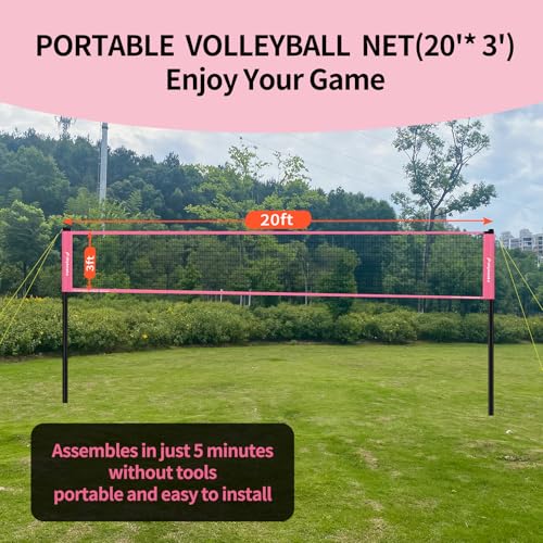 20FT Outdoor Volleyball Net Set System for Backyard Beach with Anti-Sagging Net, Iron Adjustable Height Poles, Soft PU Volleyball and Pump, Carry Bag - Instant Set Up & Durable - color: Pink