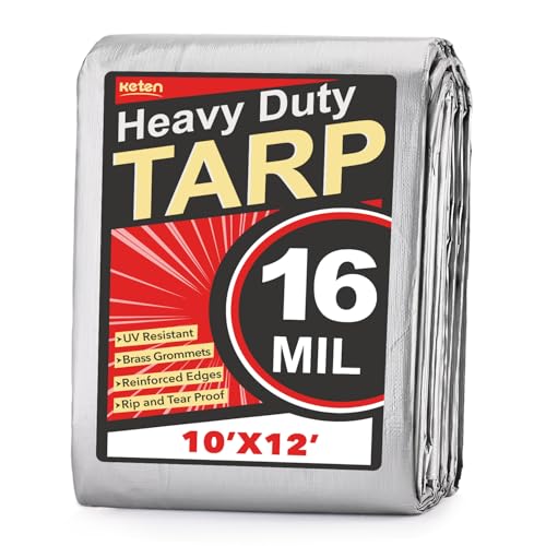 Keten Tarps Heavy Duty Waterproof 10X12 Feet, Extra Thick 16 Mil, Tear & Fade Resistant, UV Blocking, Outdoor Tarp with Reinforced Grommets for Roof, Camping, Patio, Pool, Boat(Silver/Black) - color: 16mil Sliver/Black, size: 10x12ft