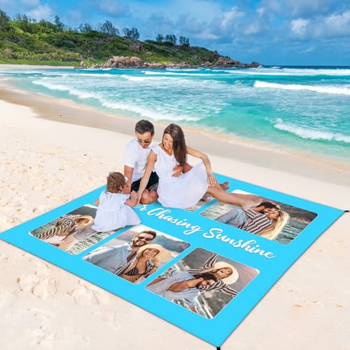 Personalized Beach Blanket Waterproof Sandproof, Custom Picnic Blanket Gift with Text, Photos, Sand Free Beach Mat with Portable Bag, 4 Corner Pockets for Beach Festival,Family Group Travel - color: Color3