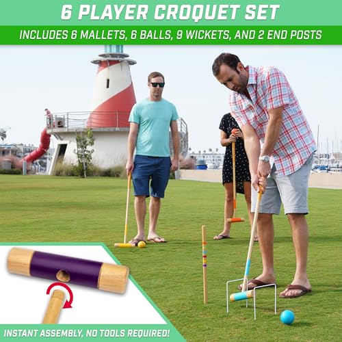 GoSports Six Player Croquet Set - Choose Deluxe (35") or Standard (28") - Modern Wood Design - style: Deluxe