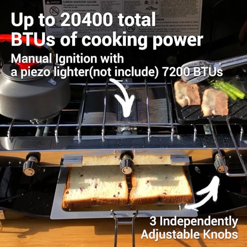 FineFlame Camping Stove, Propane Portable Camp Stove with Regulator, Push-Button Instant Ignition, Adjustable Burners & Wind Guards for Car BBQ Picnics Outdoor Camping Cooking (20400 BTUs-3 Burners) - color: Black-3 burner+griddle-20400BTU