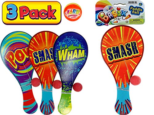 JA-RU Wooden-Paddle Ball with String (Pack of 3) Vintage Retro Toys Paddle Ball Set | for Kids, Boy and Girl Toy | Indoor, Outdoor Set Games | Party Favors Birthday. Plus 1 Bouncy Ball | 751-3p - size: 3 Packs