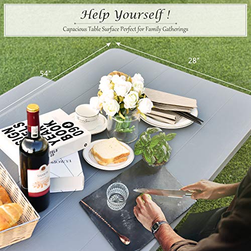 Giantex Picnic Table Bench Set Outdoor Camping All Weather Metal Base Wood-Like Texture Backyard Poolside Dining Party Garden Patio Lawn Deck Furniture Large Camping Picnic Tables for Adult (Gray) - color: Grey, size: 4.5FT