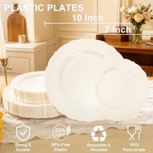 U-QE 100 Pieces Ivory Plastic Plates for Party - Ivory Disposable Plastic Plates - Heavy Duty Disposable Platos Including 50 Dinner 10 '' & 50 Dessert 7.5 '' for Weddings - color: Ivory
