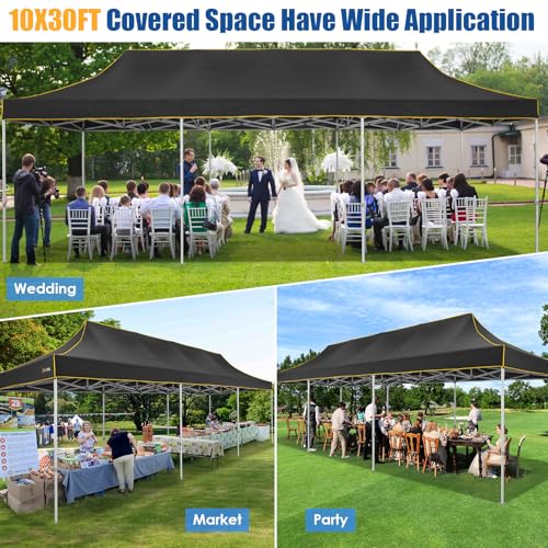 HOTEEL 10x30 Pop up Canopy Tent for Parties, Heavy Duty Easy Setup Tent Without Sidewalls, Outdoor Commercial Instant Gazebo for Wedding Event, with Portable Bag, Black(Hexagonal Frame) - color: Black, size: 10x30FT (No Walls)