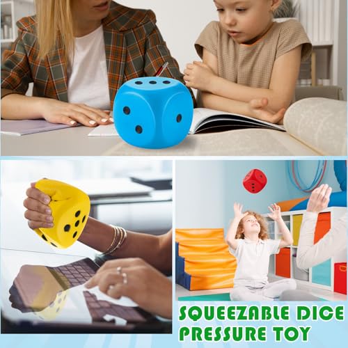 Zomiboo 4 Pcs Jumbo 4 Inch Foam Dice Set, Soft Stress Relief Toy for Kids & Adults, Colorful 6 Sided Giant Dice for Classroom Math, Family Board Games, Holiday Stocking Stuffers(Bright Colors,Dot) - color: Bright Colors, style: Dot