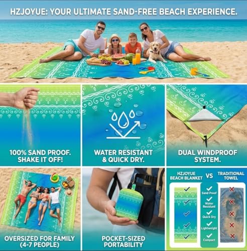 Oversized Beach Blanket (79" x 79") - Sandproof & Waterproof Outdoor Picnic Mat for 4-7 Adults - Lightweight, Foldable & Portable Ground Cover for Travel, Camping, Festivals - color: Blue Lime Ripple