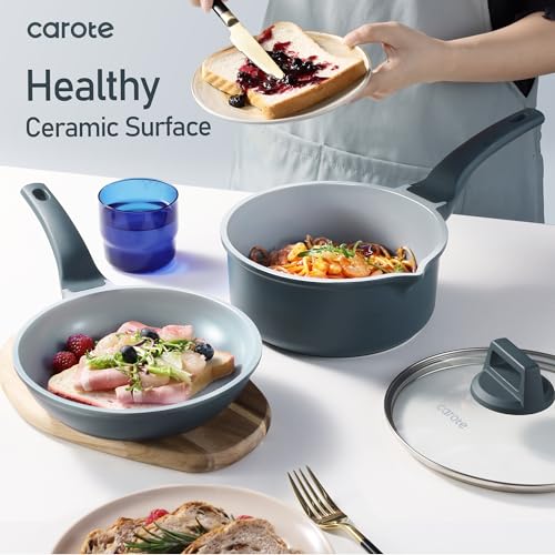 CAROTE 14 Pcs Ceramic Cookware Set, Pots and Pans Set Non Stick with Ceramic Coating, Induction Kitchen Sets - color: Blue