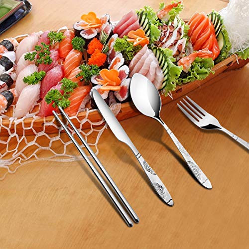 Arroyner 6 Pack Reusable Flatware Sets Knife, Fork, Spoon, Chopsticks, 24Pcs Portable Travel Stainless Steel Tableware Dinnerware with Carrying Case - size: 6Pack-24PCS