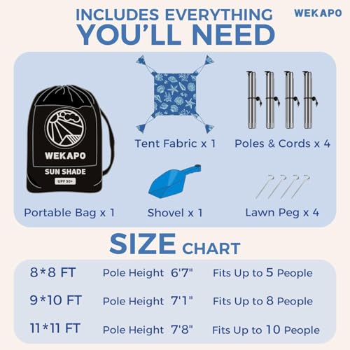 WEKAPO Beach Tent Sun Shelter - Easy Setup Beach Canopy with 4 Sturdy Poles, Large Sandbags and Shovel, 6'7'' Tall, Windproof Sun Shade for Backyard and Camping, UPF 50+ Protectio - color: Blue Sea Shells, size: 8x8 FT 4 Pole
