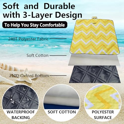 Picnic Blankets Machine Washable, 79''x79'' Extra Large Waterproof Foldable Compact Beach Blankets, Oversized XL Outdoor Mat for Spring Summer Camping, Park, Travel - color: Yellow Wave